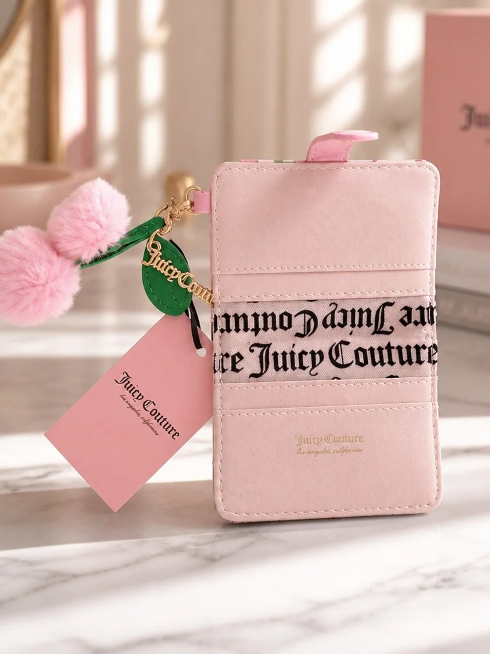 Juicy Couture Pink Cherry Print Card Holder with Pom-Pom Charm